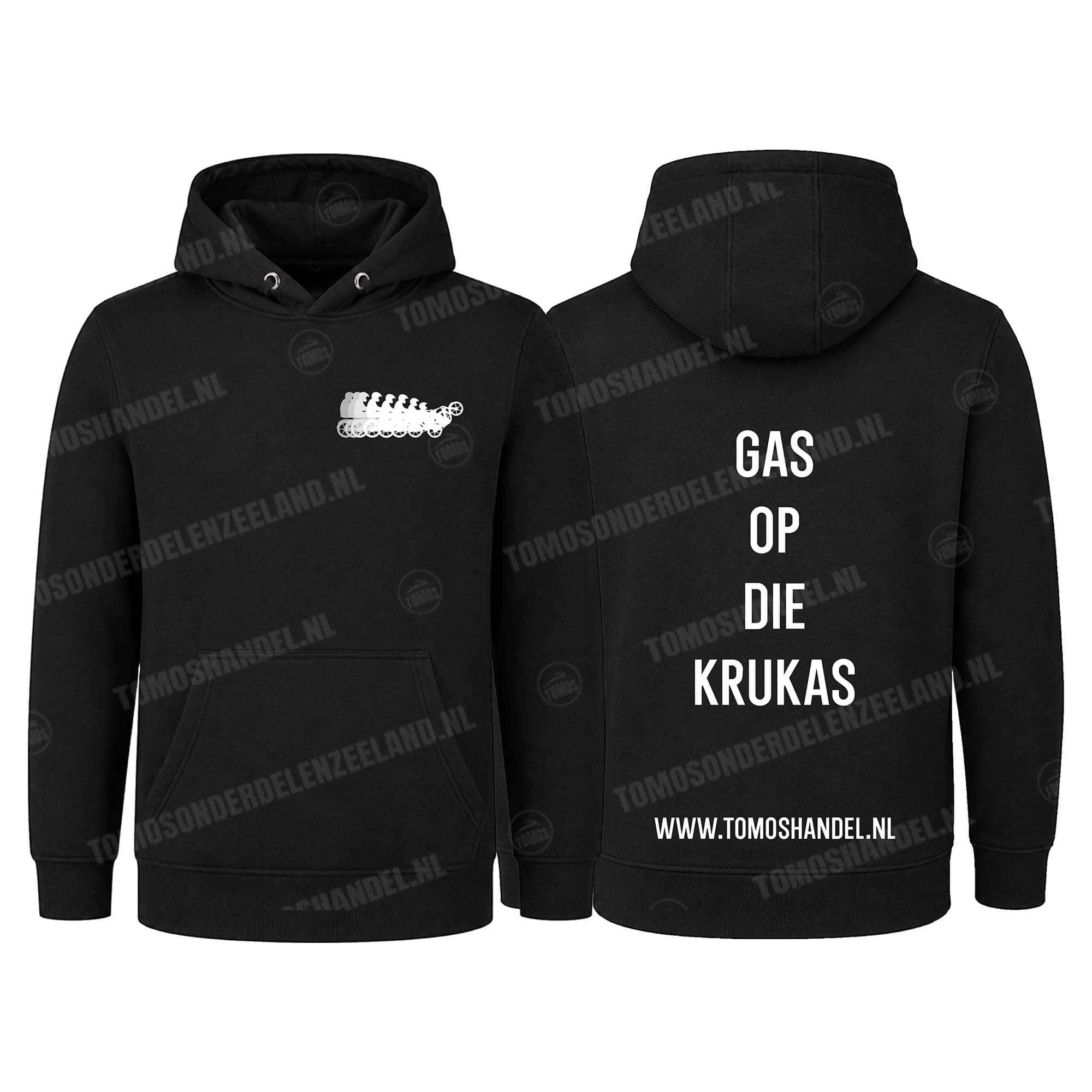 Tomos Hoodie zwart wheelie met tekst Gas op die Krukas! (diverse maten)