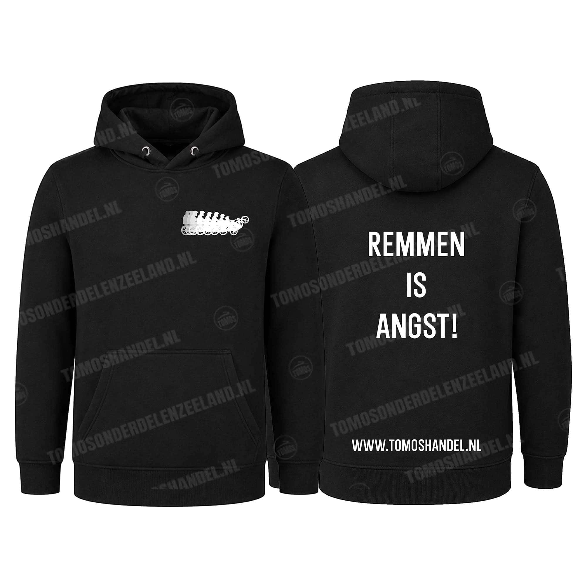 Tomos Hoodie zwart wheelie met tekst Remmen is angst! (diverse maten)