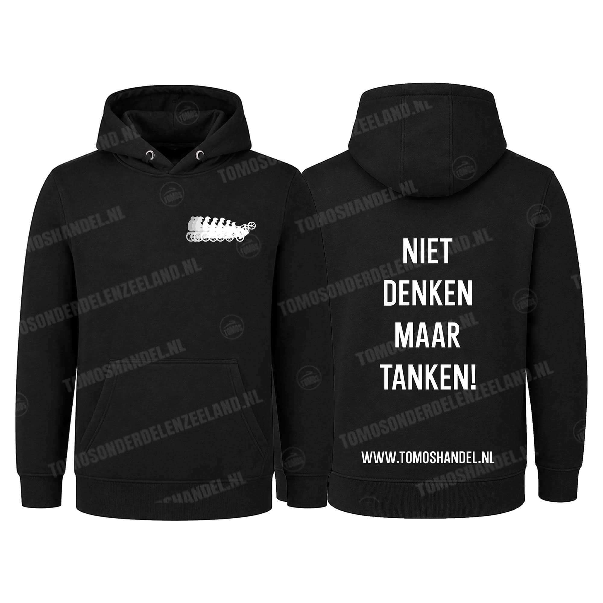 Tomos Hoodie zwart Wheelie met tekst Niet denken maar tanken! (diverse maten)