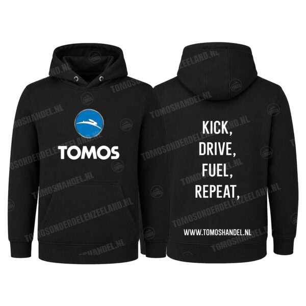 Tomos Hoodie zwart Tomos logo met tekst Kick, Drive, Fuel, Repeat (diverse maten)