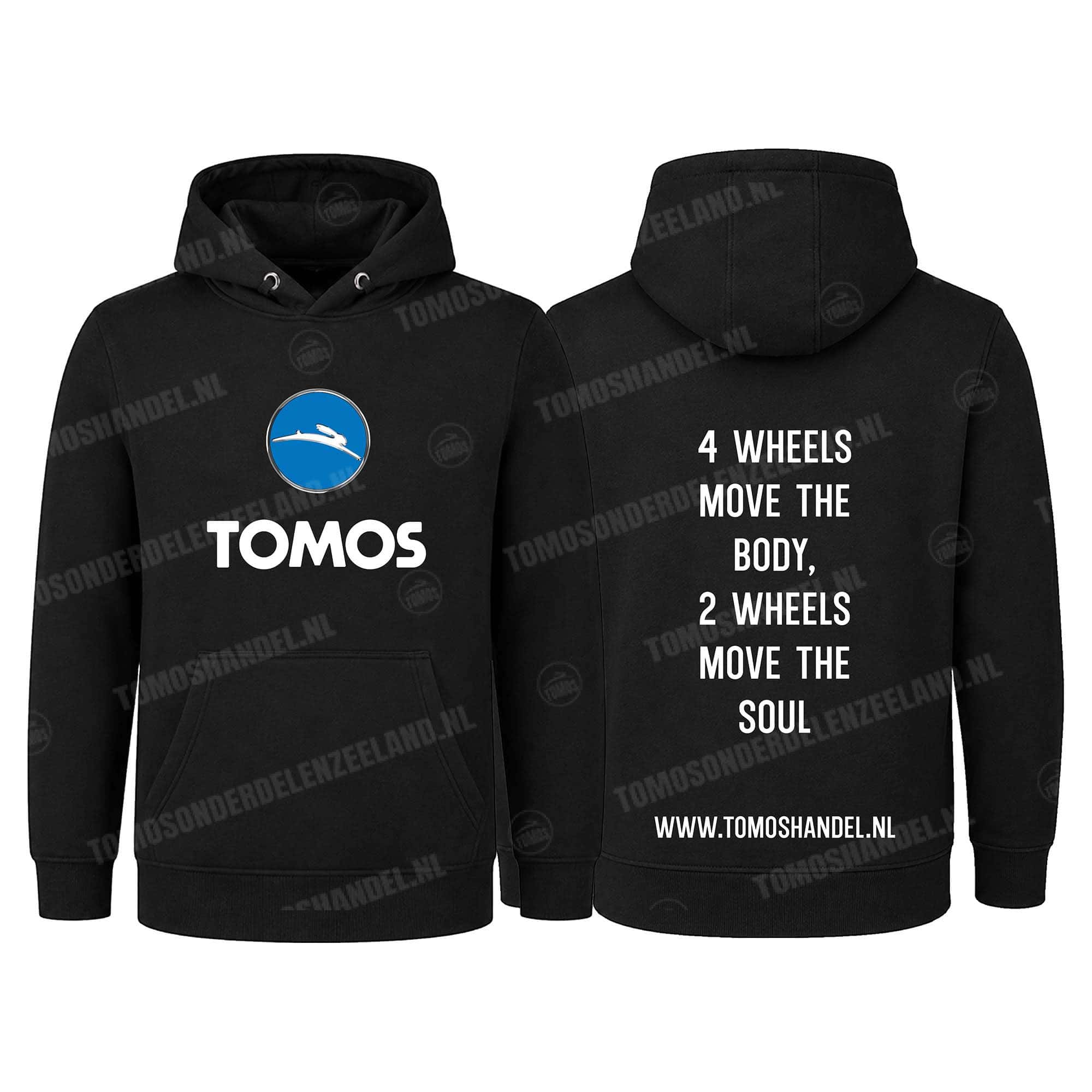 Tomos Hoodie zwart Tomos logo met tekst 4 wheels move the body, 2 wheels move the soul (diverse maten)
