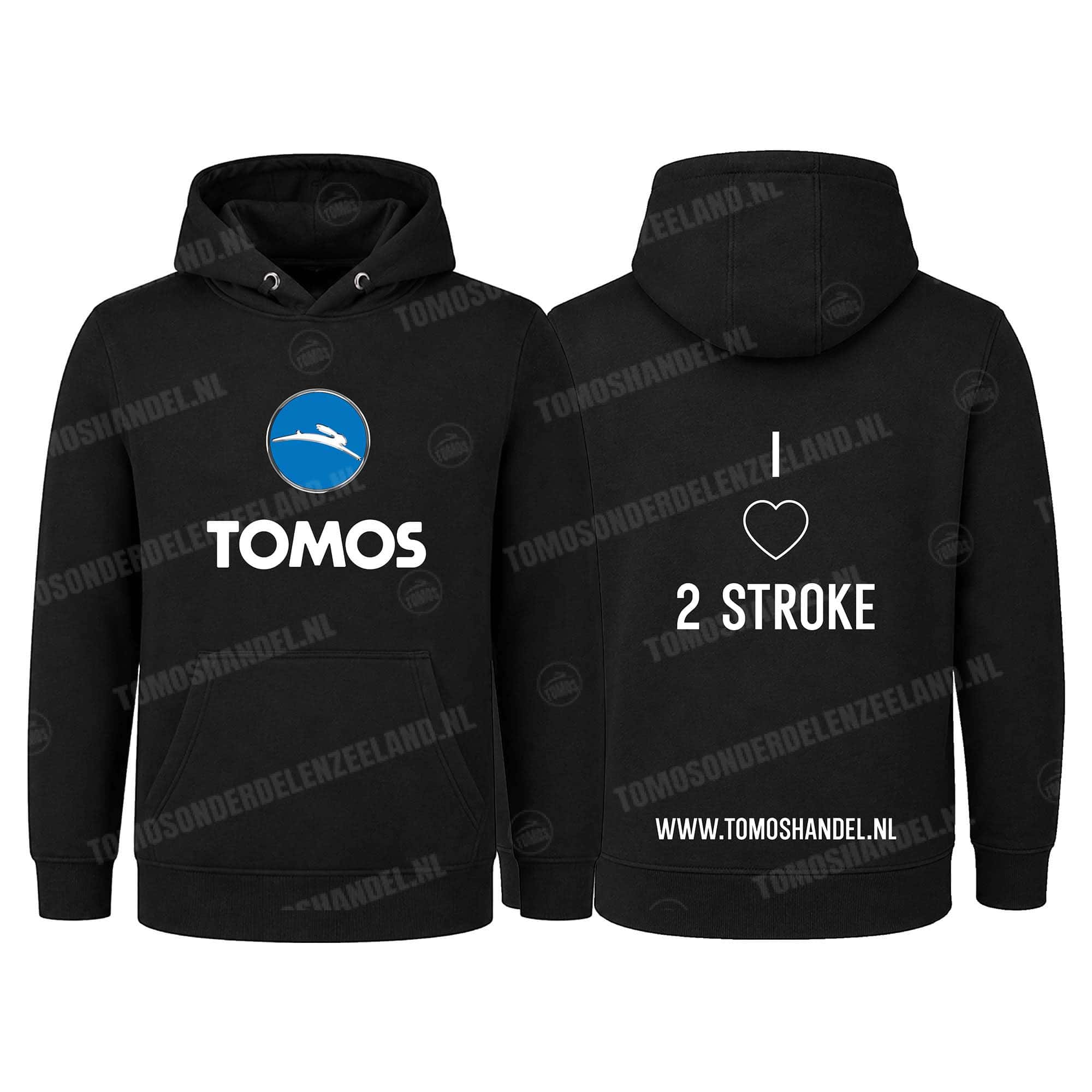 Tomos Hoodie zwart Tomos logo met tekst I love 2 stroke (diverse maten)